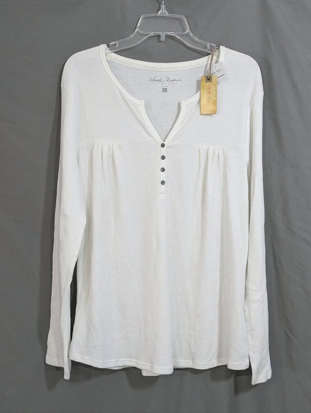 NEW North River Henley V-Neck Long Sleeve White Tee - Size Large Womens Blouse - Picture 6 of 6